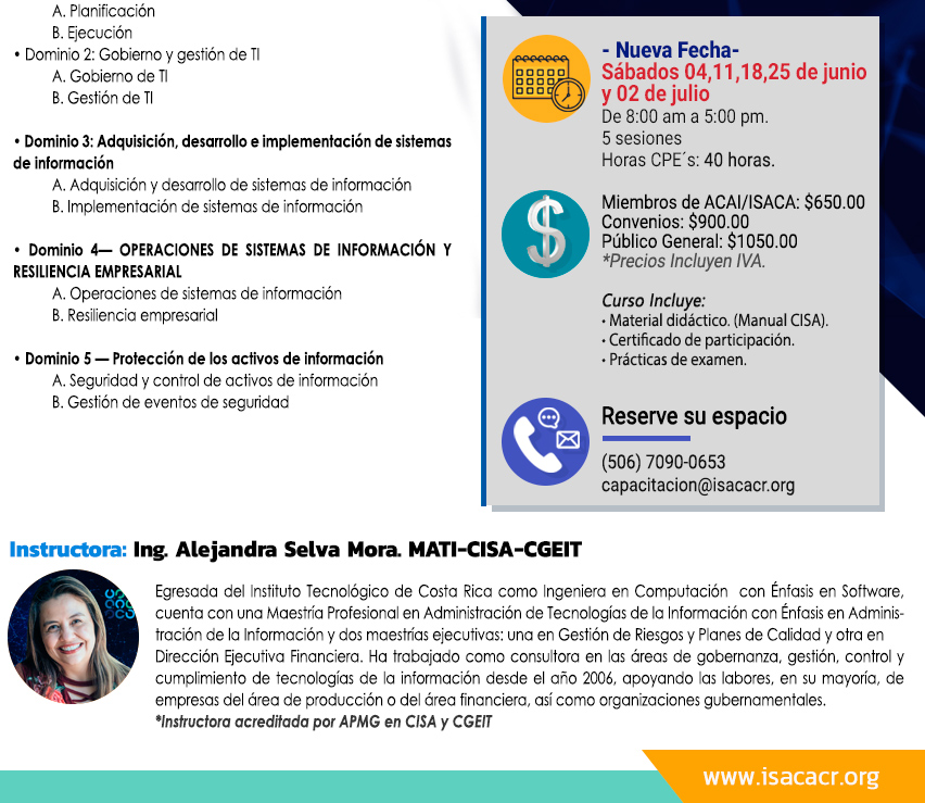AQUI PUEDE VER OTROS CURSOS DE ISACA COSTA RICA